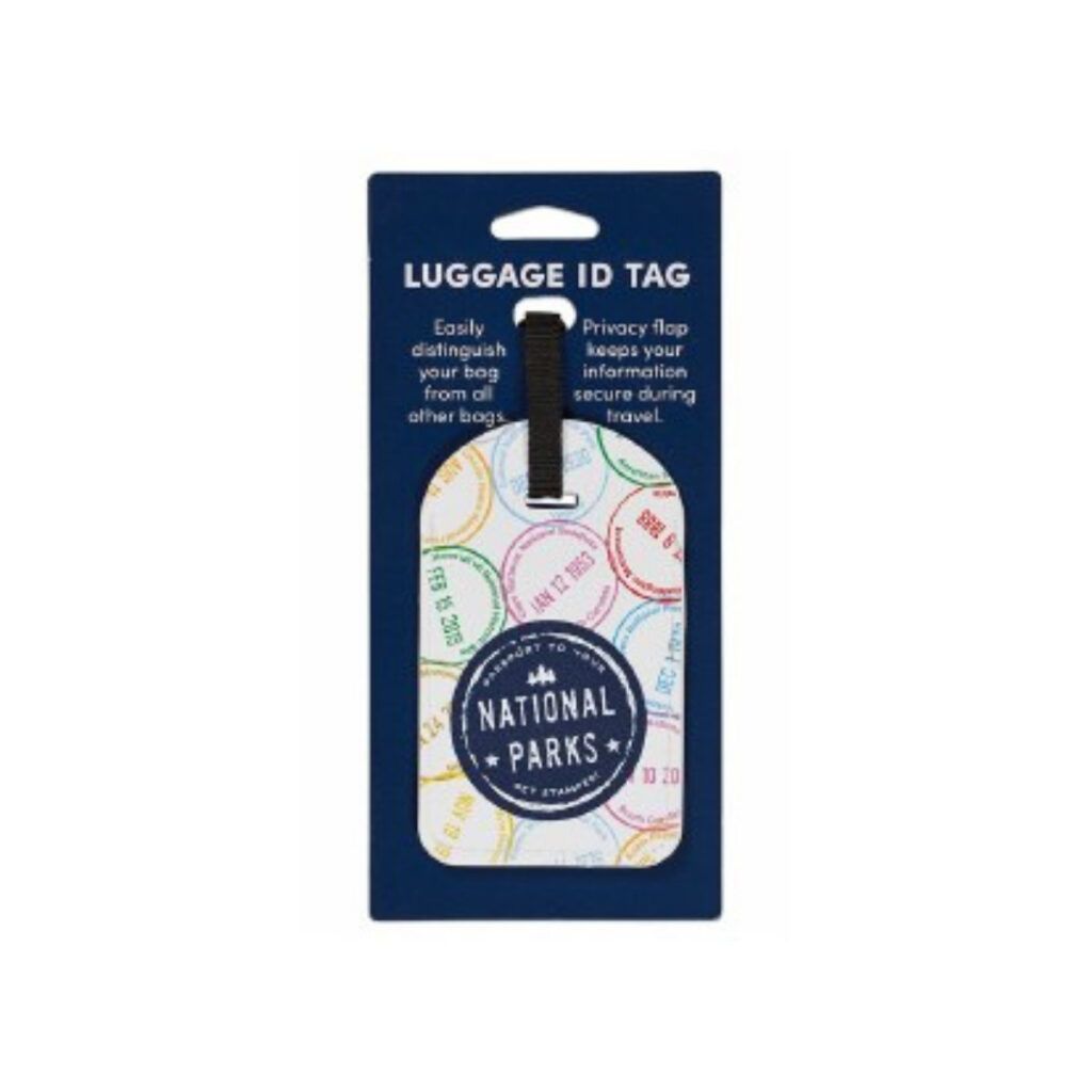 Luggage ID tag with colorful passport stamps