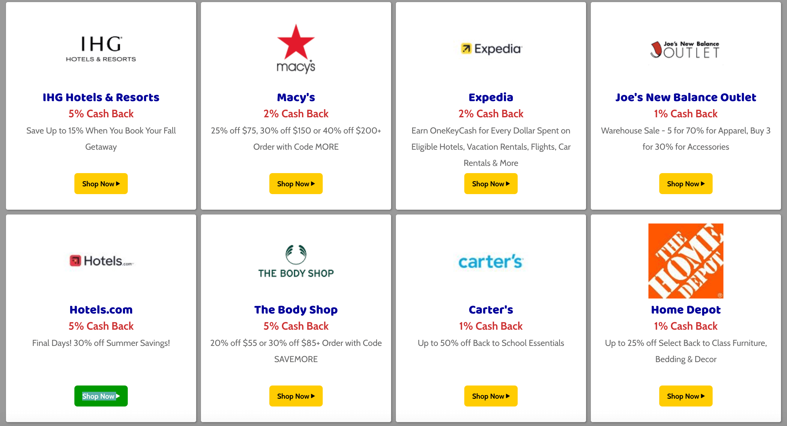 Screenshot of a cash back site offering discounts with brands