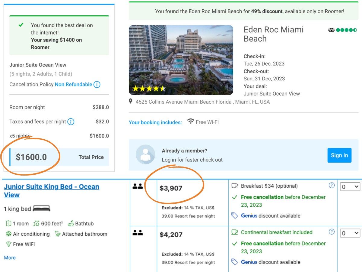 Two screenshots showing the difference in price of an accommodation in Miami Florida