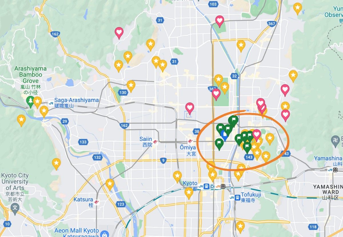 Google Maps screenshot showing attractions, restaurants and photo spots in Kyoto