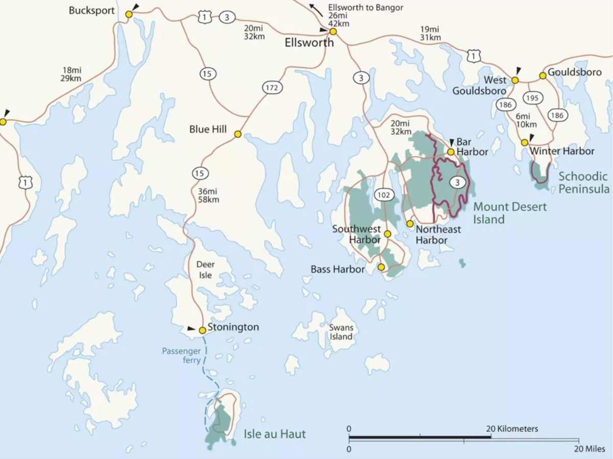 Map of the 4 main regions in Acadia National Park