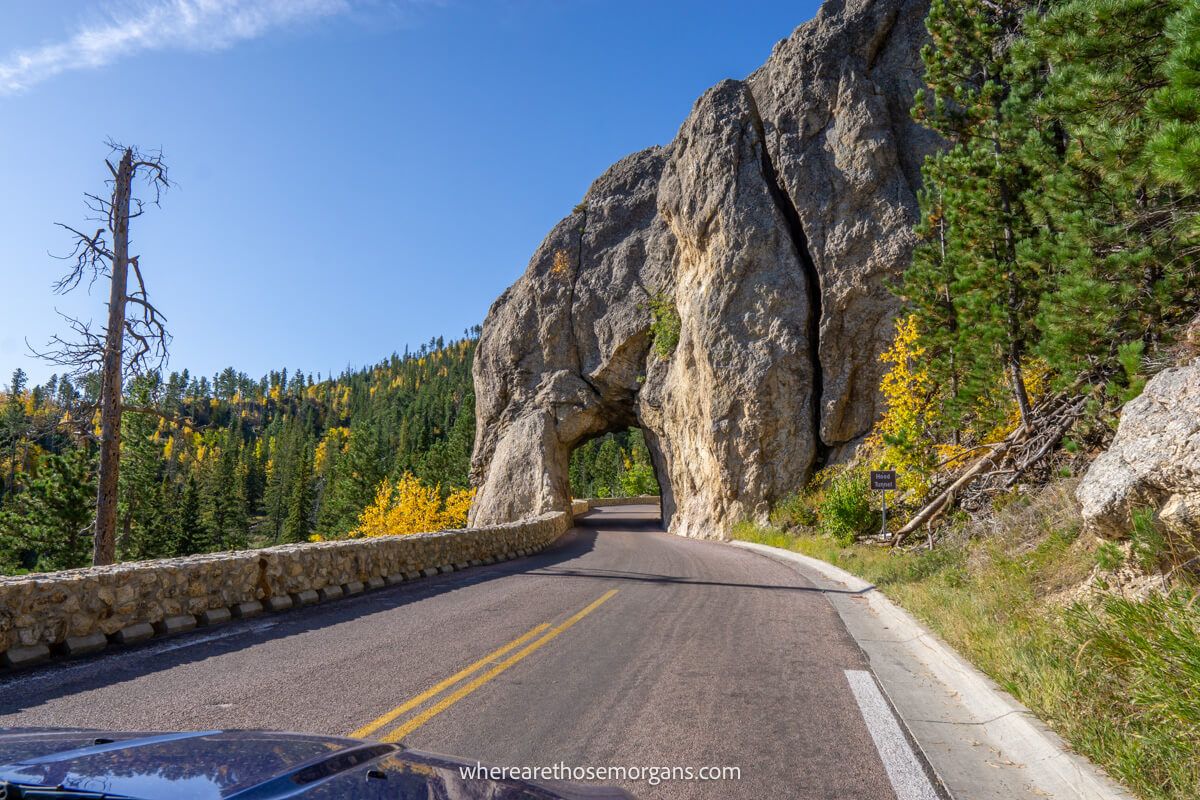 The front of a car driving on a road towards a narrow tunnel built into a granite rock
