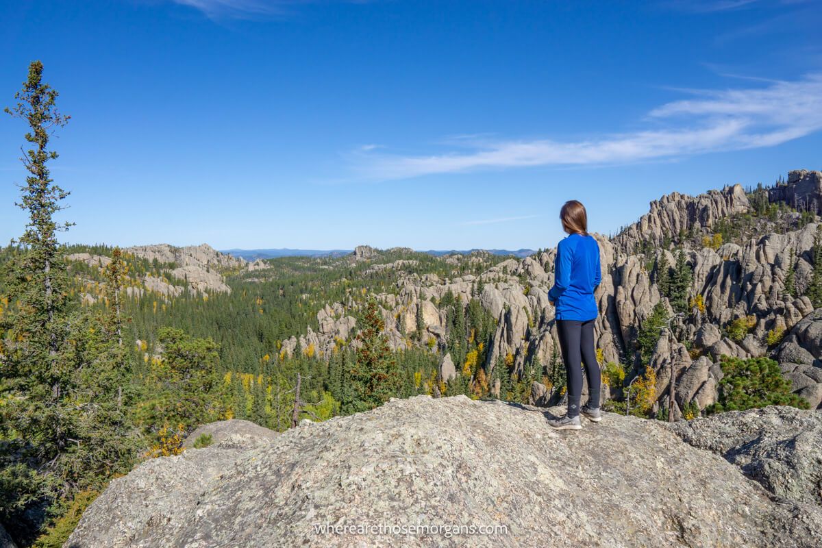 Hiker in blue fleece standing on a granite dome shaped rock overlooking a far reaching view of trees and rugged rocks