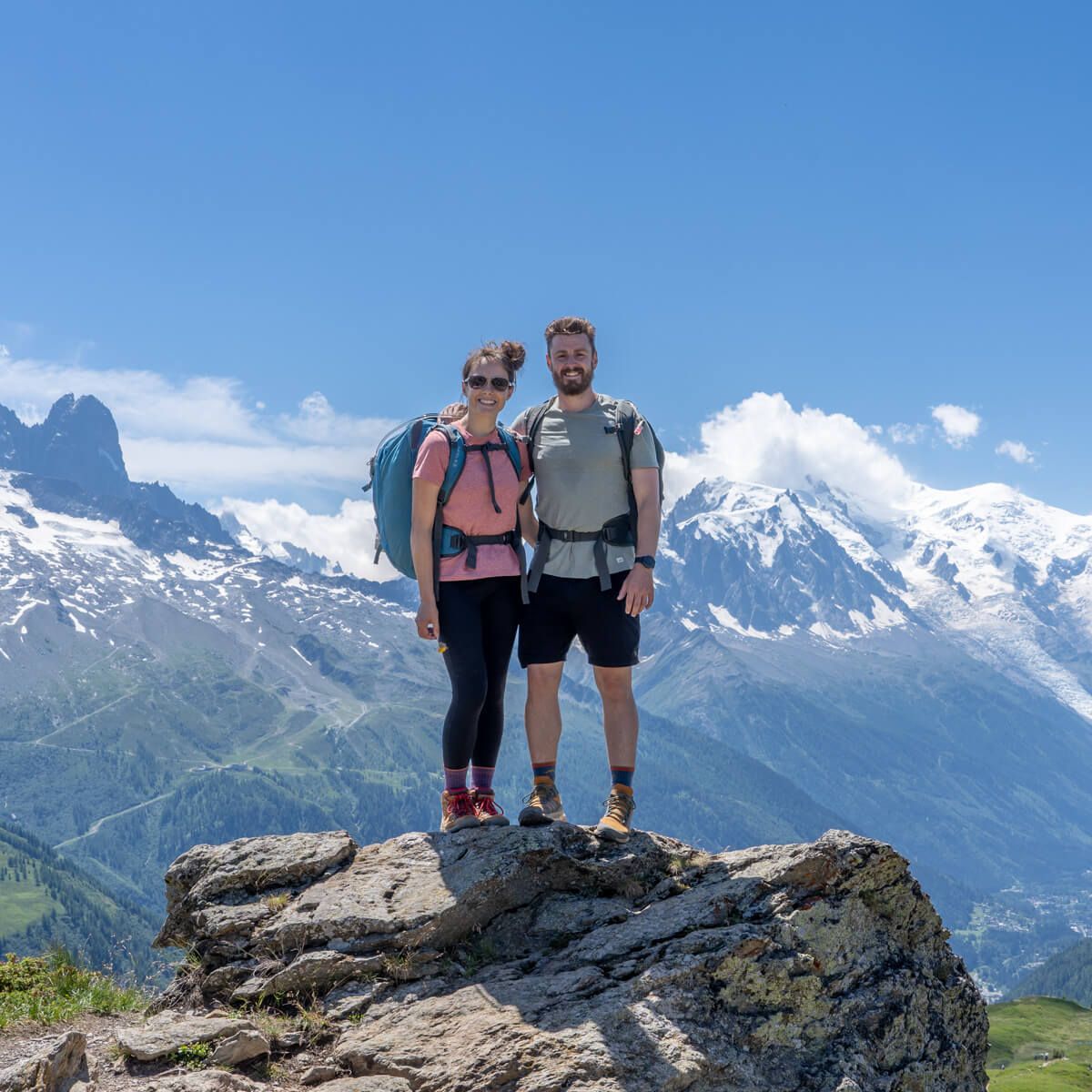 Mark and Kristen Morgan from Where Are Those Morgans hiking together in the French Alps
