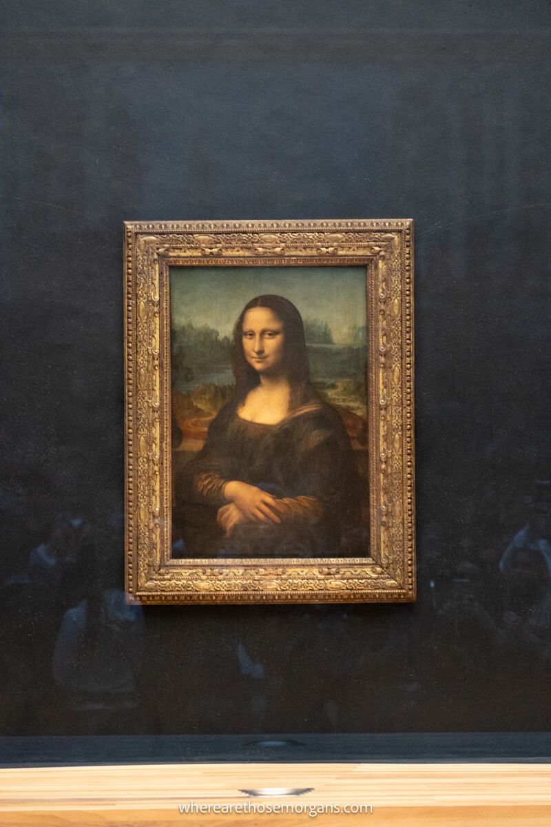 Close up view of the Mona Lisa painting by Leonardo da Vinci in the Louvre