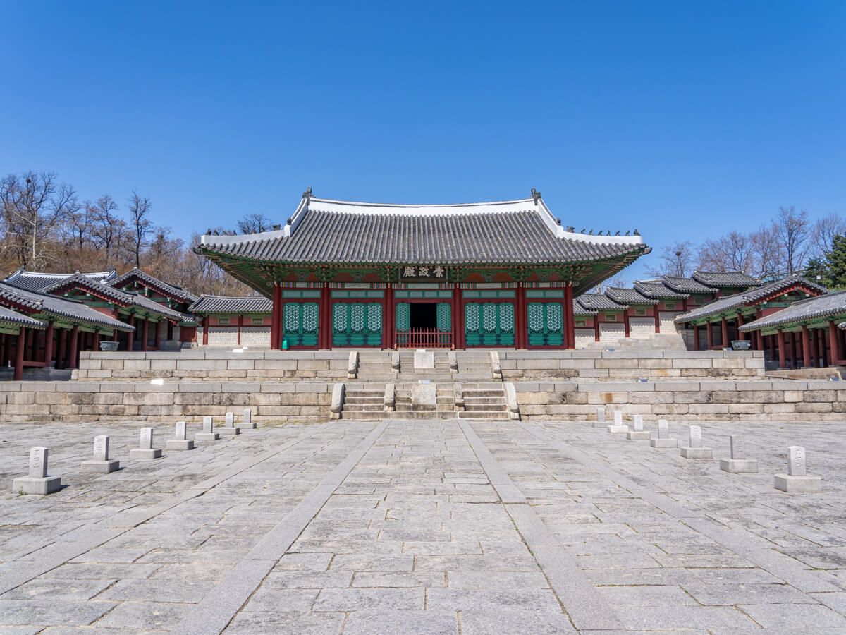 Temple and grounds in Seoul South Korea on a sunny day with blue sky