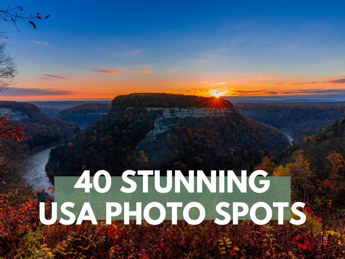 Photo of Letchworth State Park at sunrise with the words 40 stunning USA photo spots overlaid
