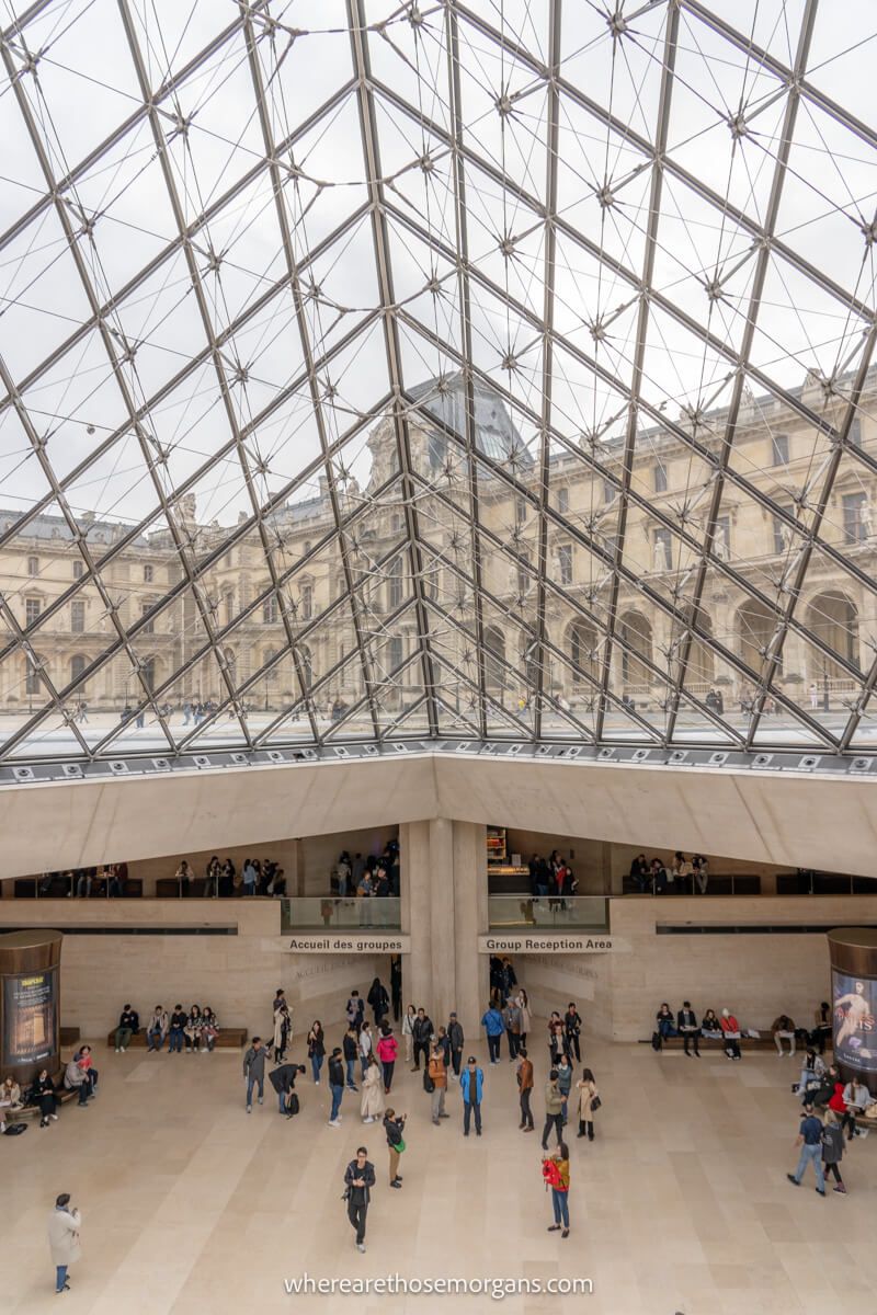 View underneath the glass pyramid at the Louvre