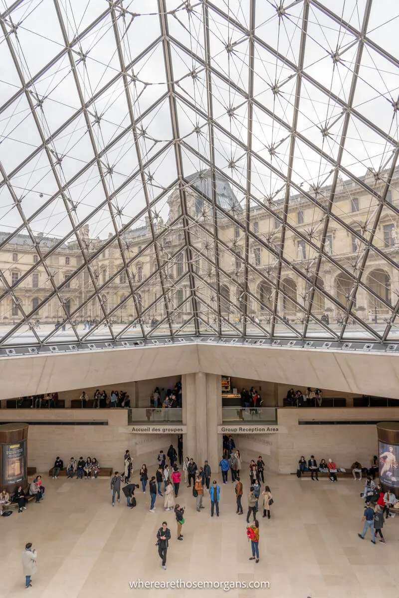 View underneath the glass pyramid at the Louvre