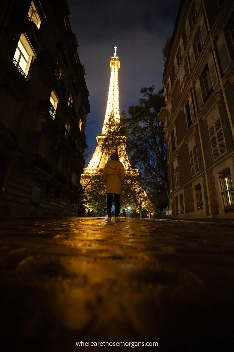 Woman posing for a photo in front of the Eiffel Tower at night