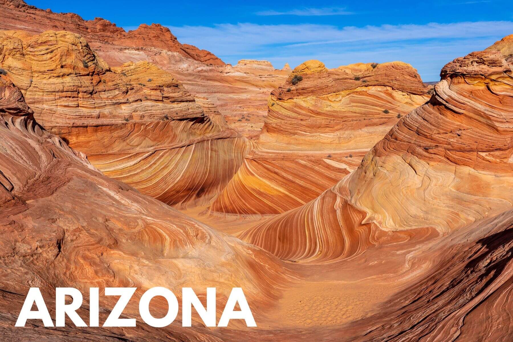 Photo of the swirling patterns and colorful natural rock formations at The Wave with the word Arizona overlaid