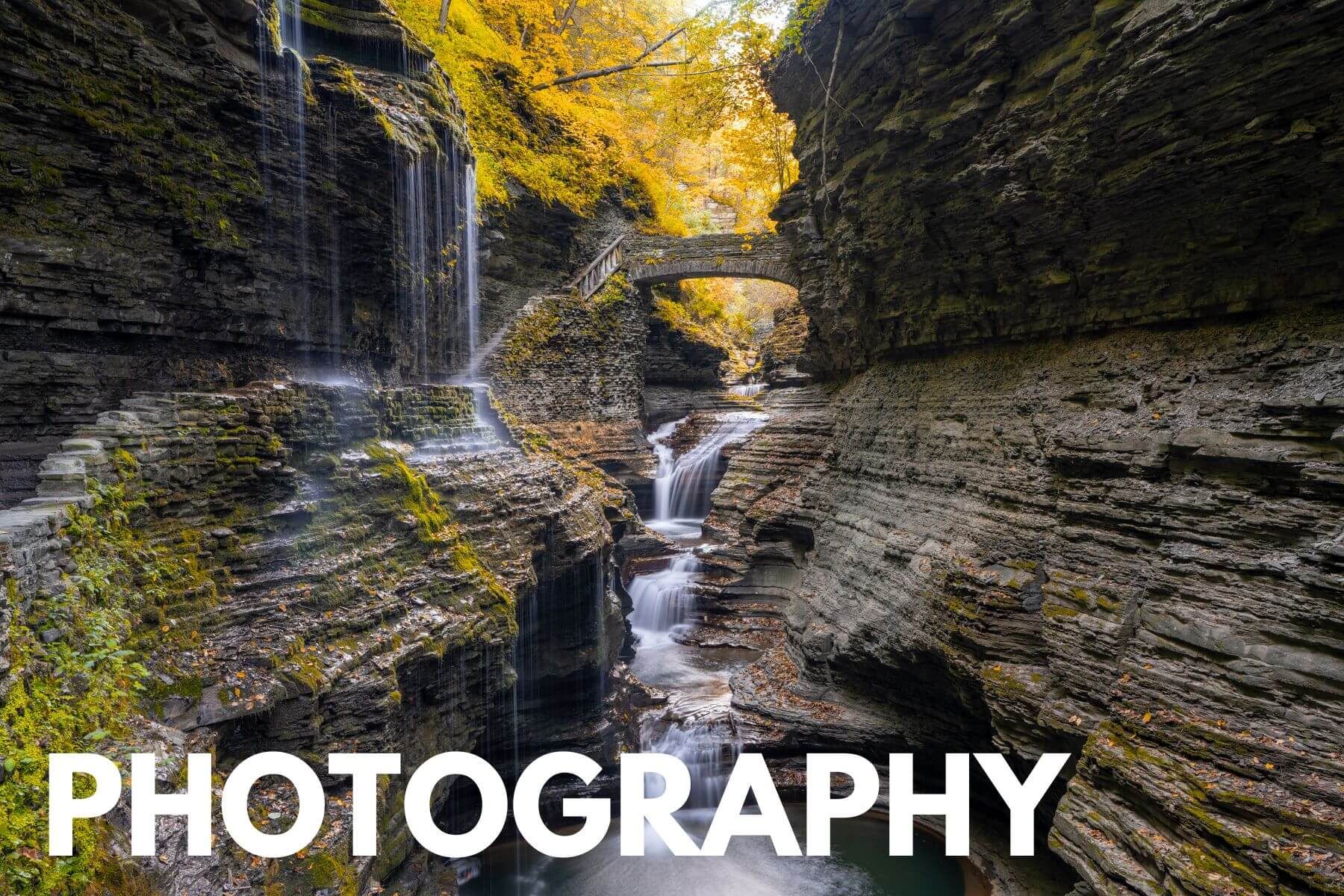 Photo of small waterfalls flowing through a narrow but scenic creek in Watkins Glen NY with the word Photography overlaid