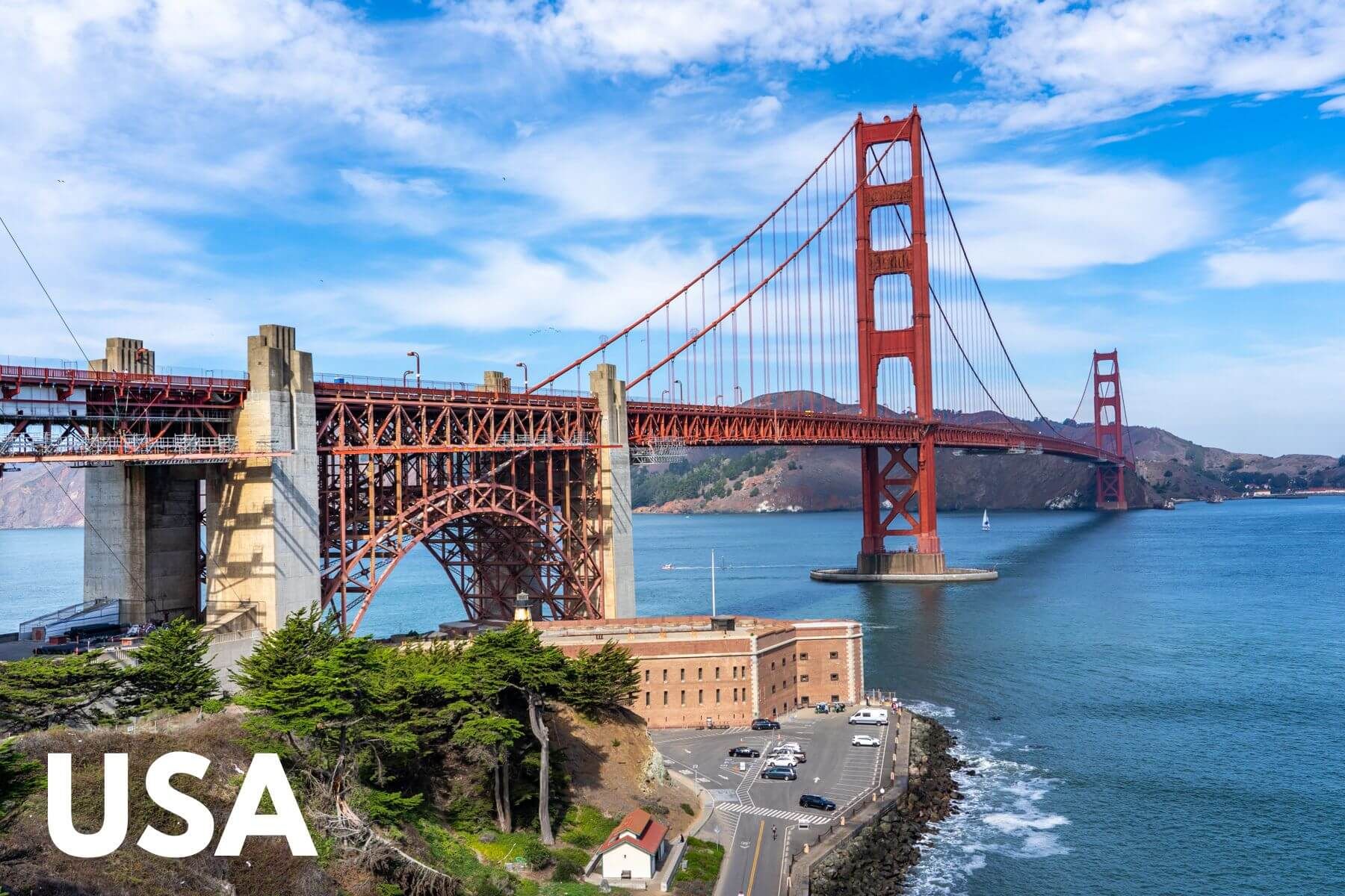 Photo of the Golden Gate Bridge in San Francisco during the day on a slight side profile with the word USA overlaid