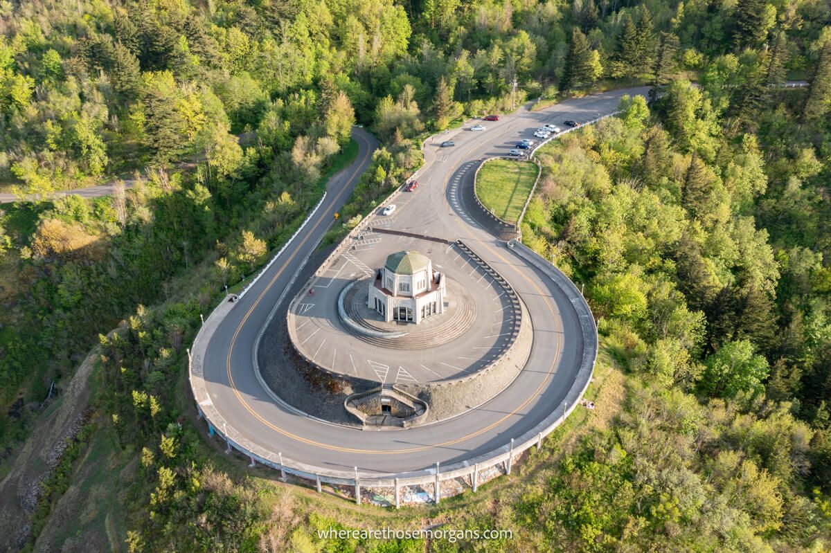 Drone photo of Crown Point observatory along the Columbia River Gorge in Oregon