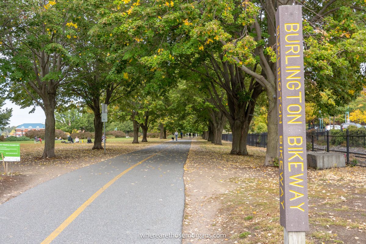 Wooden sign marking the start of the Burlington Bike Path in Vermont