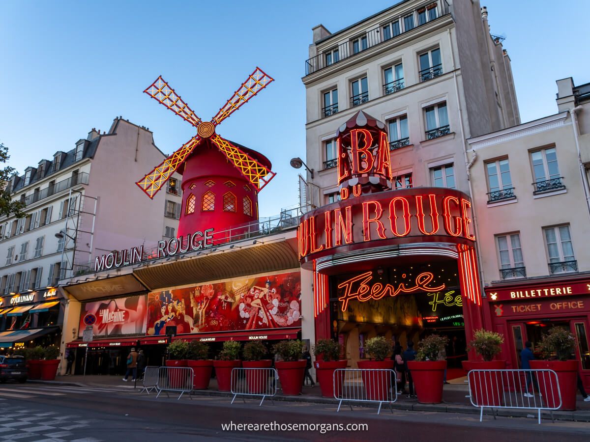 Front view of Moulin Rouge, the famous cabaret show in Paris, France