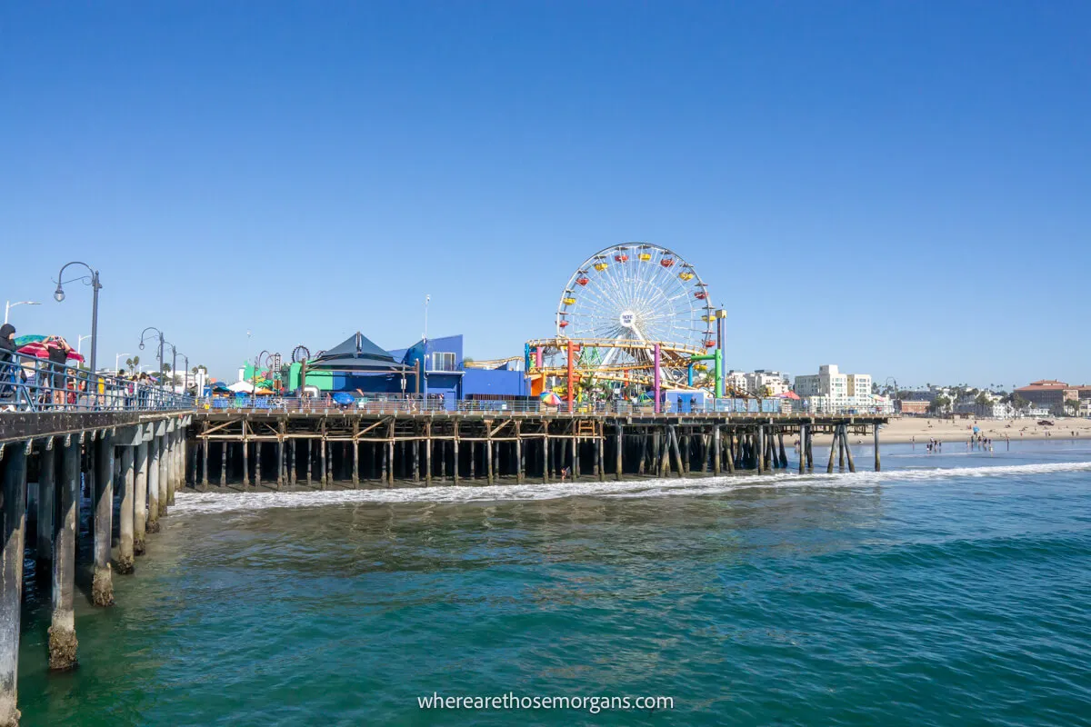 Side view of the famous Santa Monica Pier in Los Angeles, California