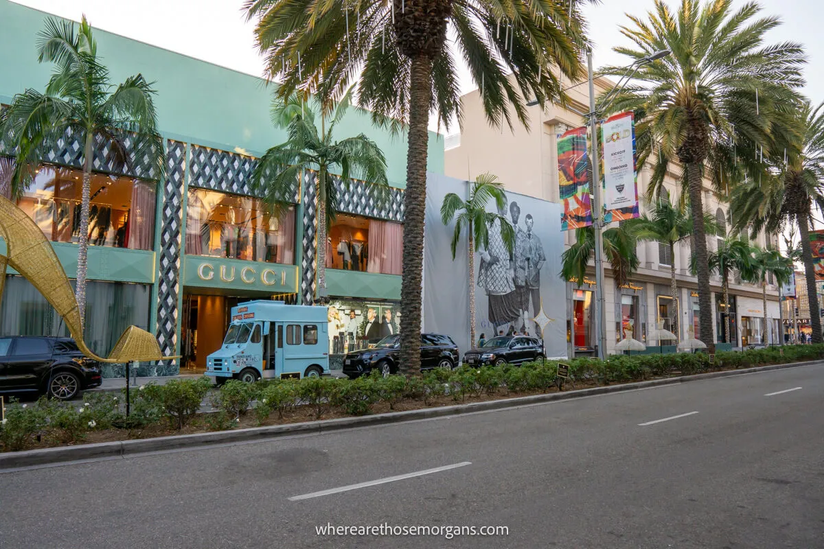 Line of designer boutique stores along Rodeo Drive in Beverly Hills California