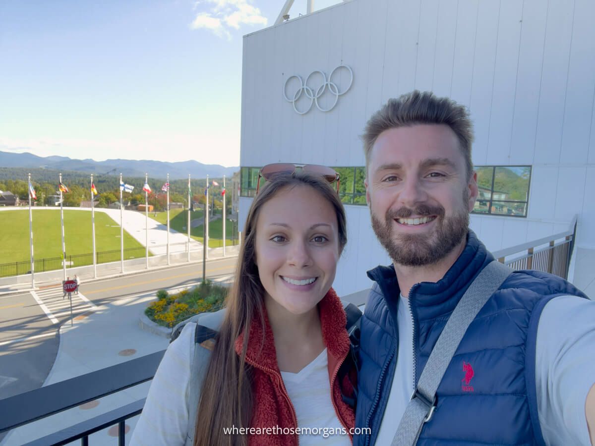 Man and woman taking a selfie at the Lake Placid Olympic Museum