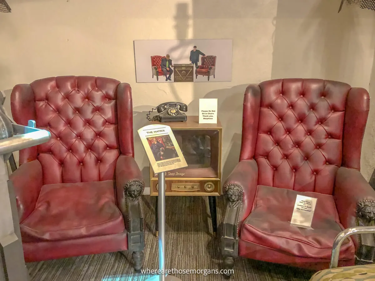 Two red leather chairs from the Matrix movie