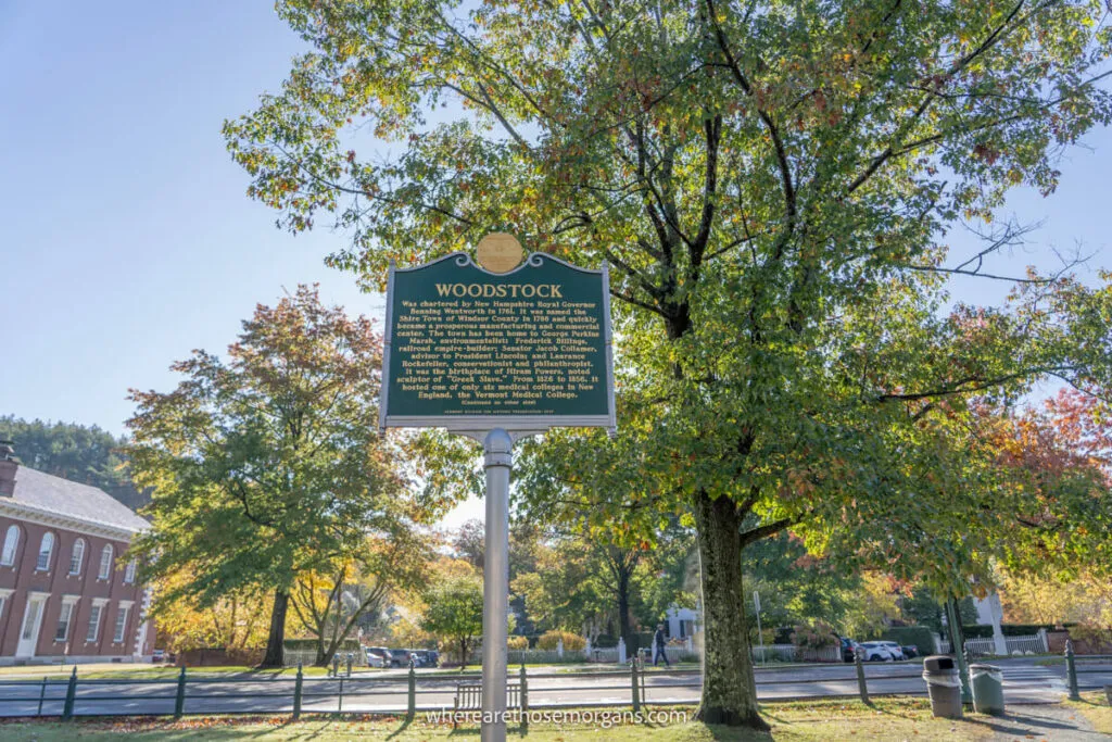 Informational sign discussing the Woodstock Village Historic District