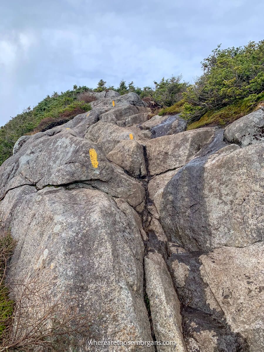 Large boulders to climb on a hike with yellow paint to follow the trail