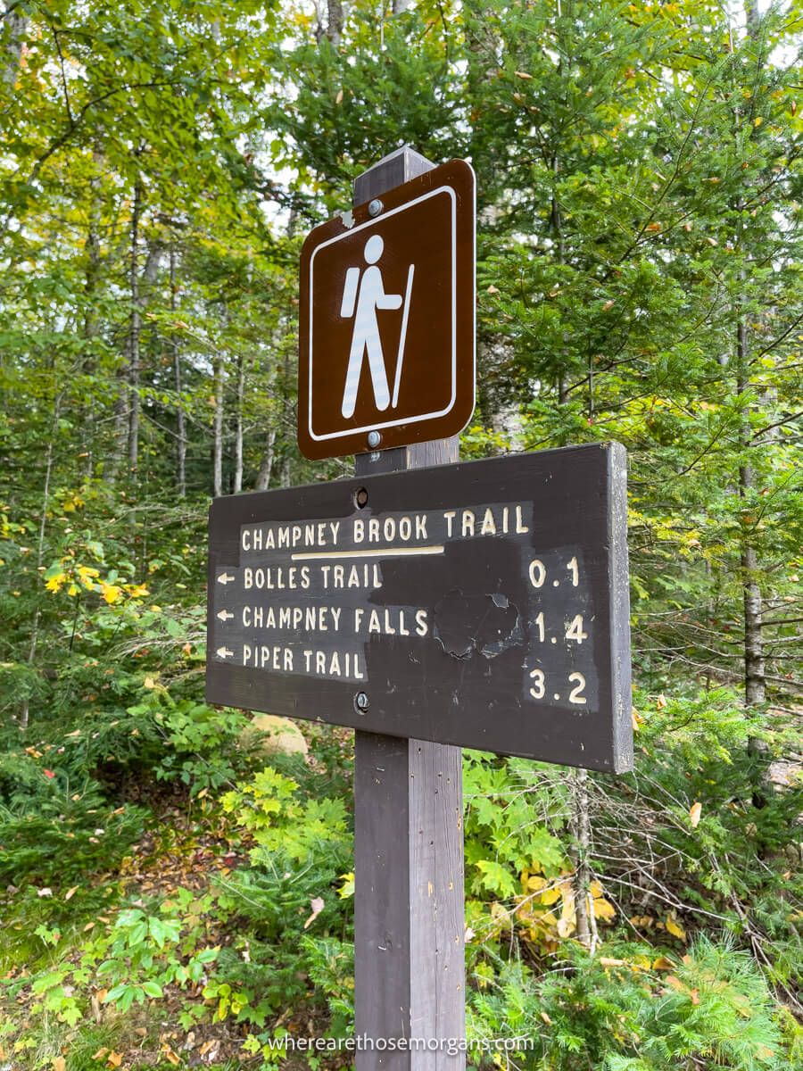 Hiking sign marker for a trail in a forest along the Kancamagus Highway NH