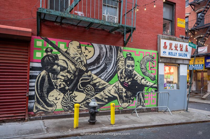 Murals on a wall next to Chinese shops in New York City