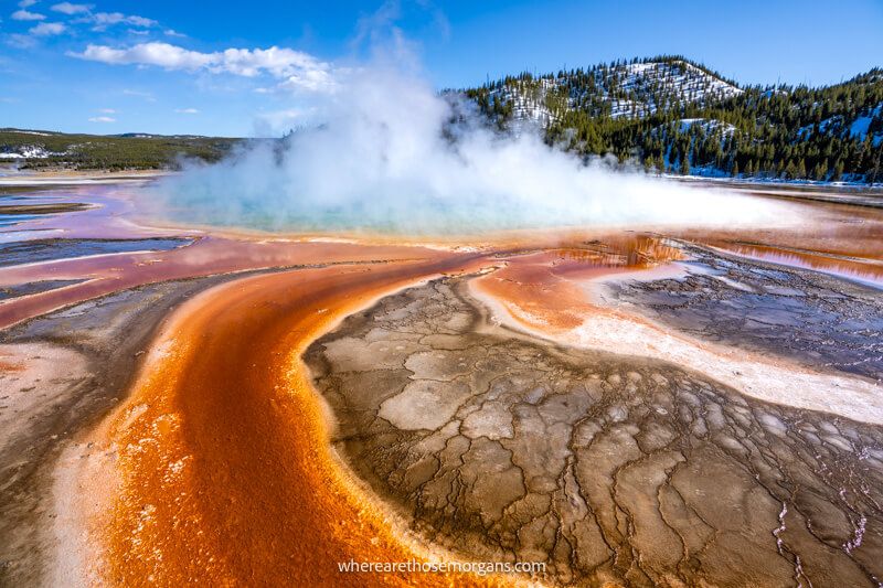 Vibrant swirling patters leading to a hot spring with steam and a distant snowy hill in Yellowstone