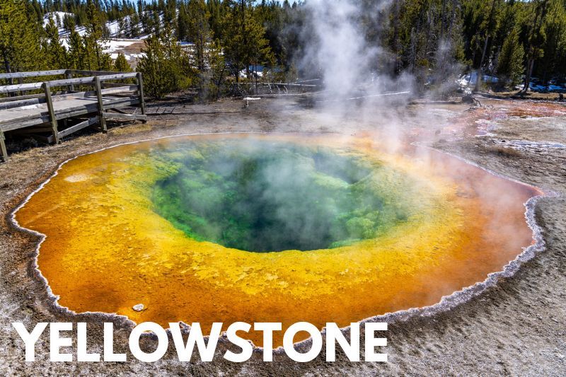 Photo of a vibrant hot spring called Morning Glory Pool with colorful rings and the word Yellowstone overlaid