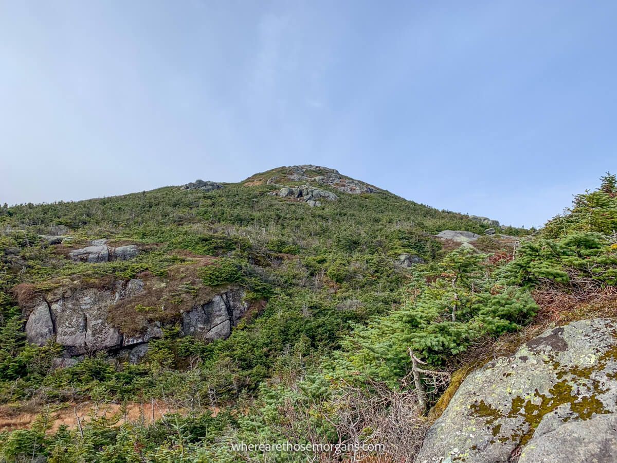 Looking up at Mt Marcy mountain summit from below on the trail