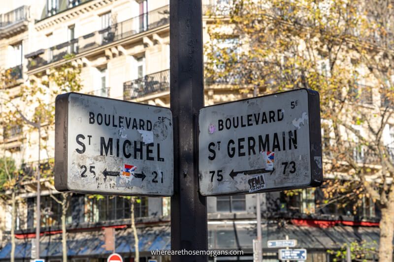 Street signs showing boulevard St Germain and bouldevard St Michel in Paris