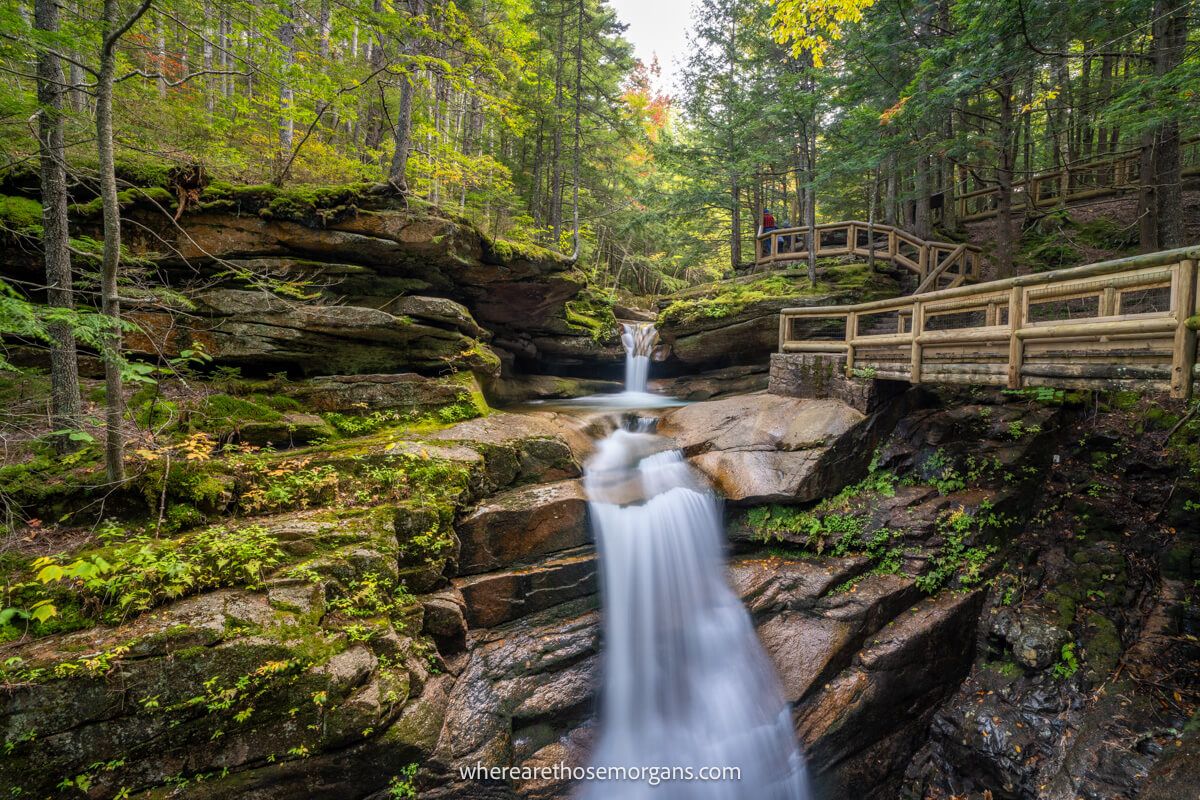 A narrow waterfall surrounded by moss clad rocks and a wooden boardwalk in a forest