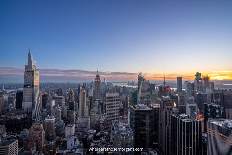 Serene sunset view over the NYC skyline from Top of the Rock observation deck