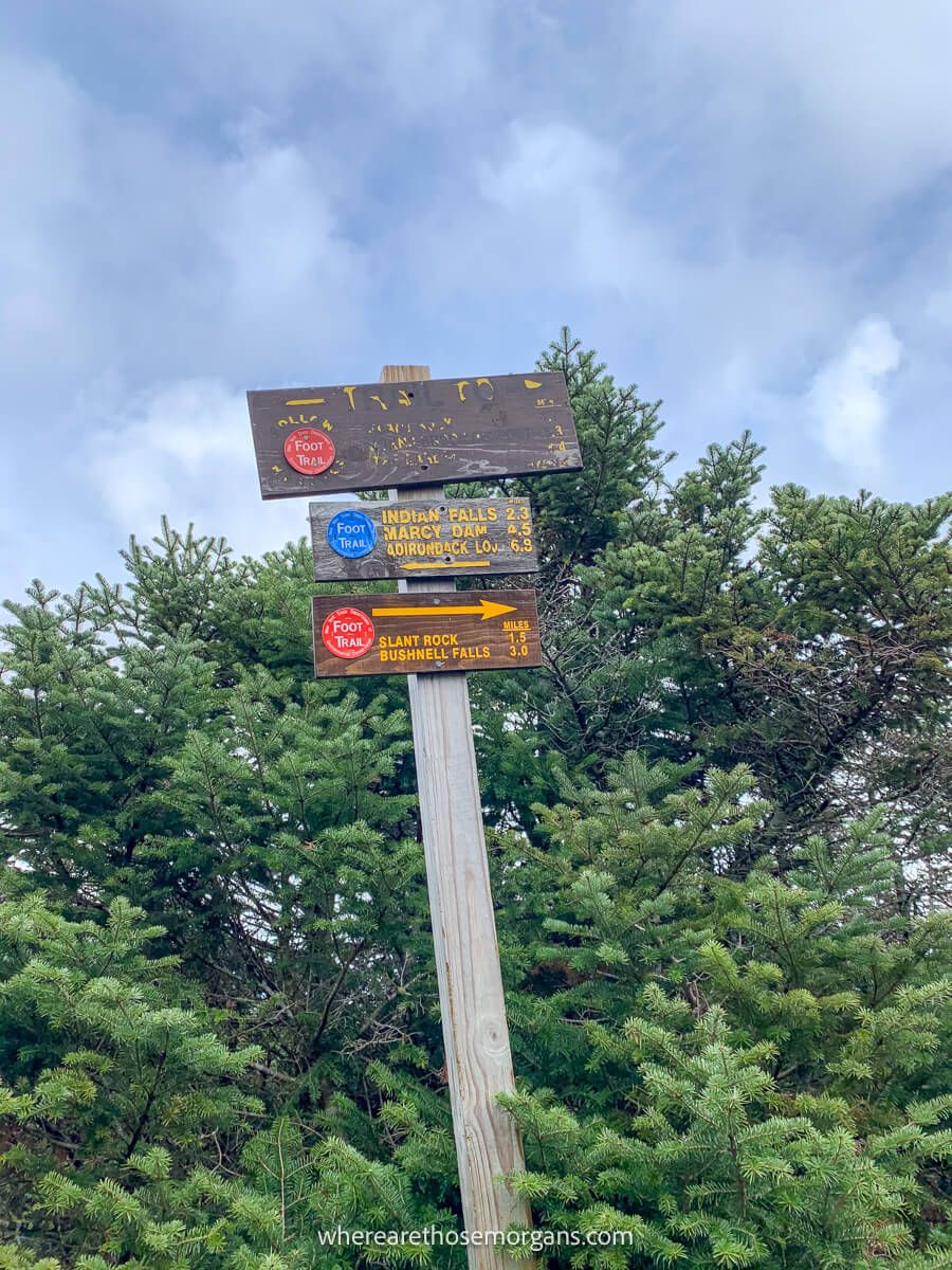 Sign markers on a wooden pole coming out of green vegetation on a cloudy day