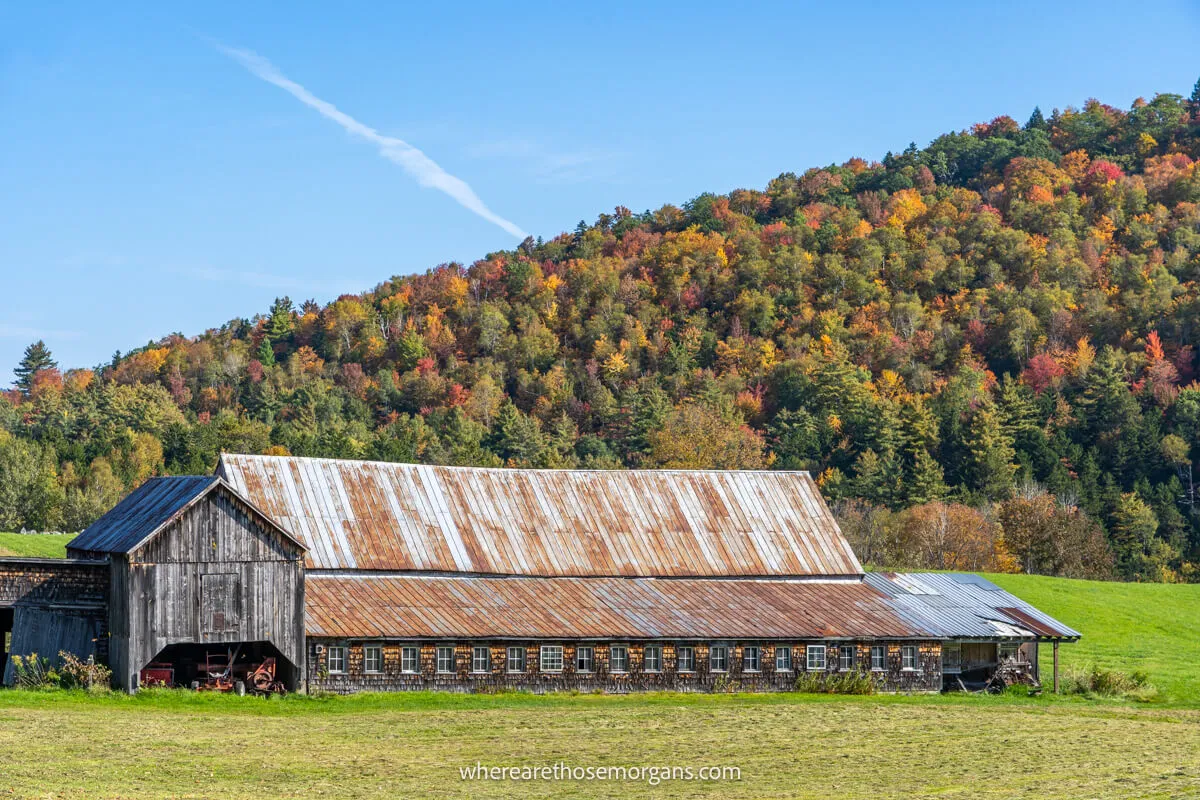 Rusty metal barn in a green field next to a sloping hill filled with colorful leaves on a New England road trip in fall