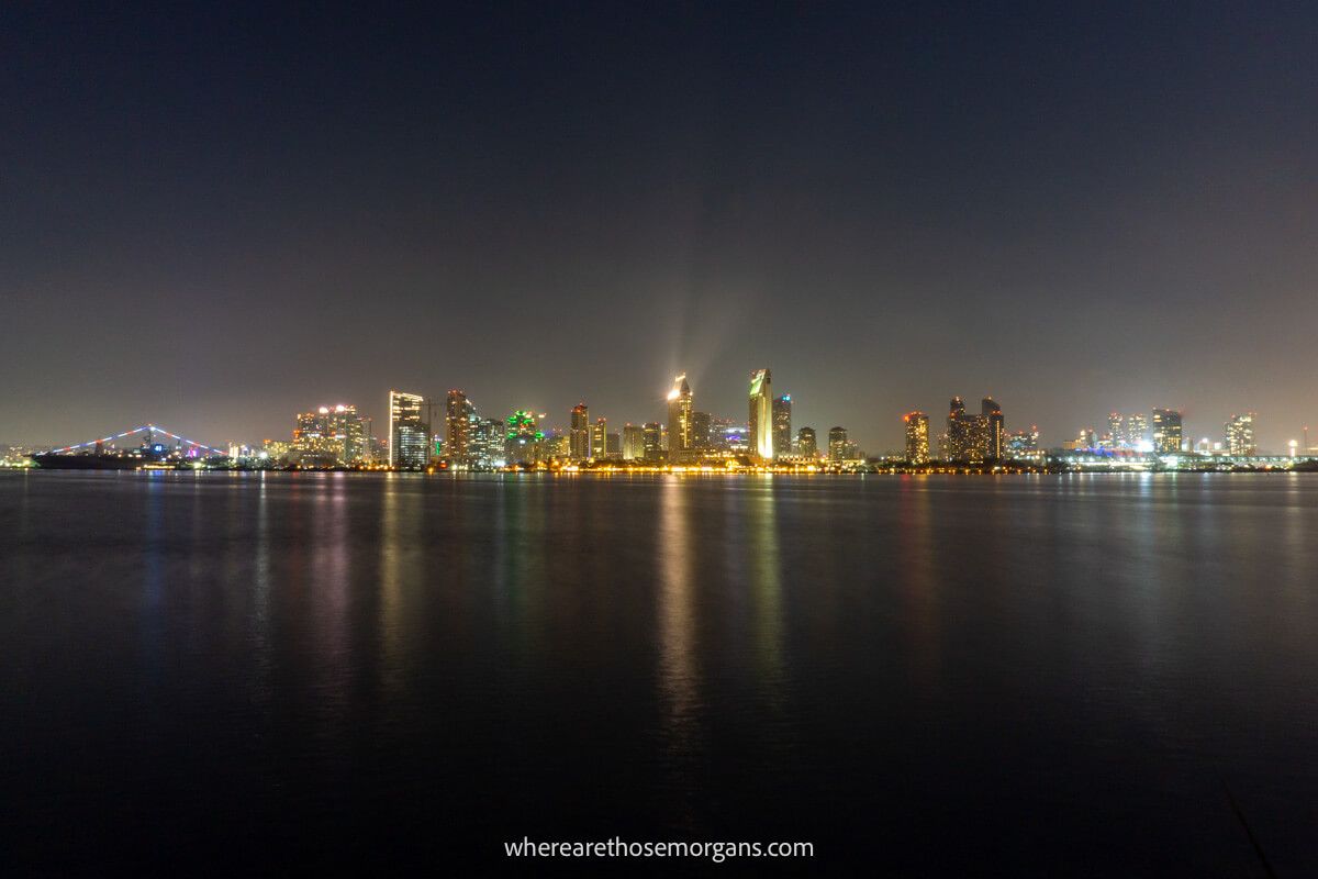 View of San Diego lit up at night from Coronado Island