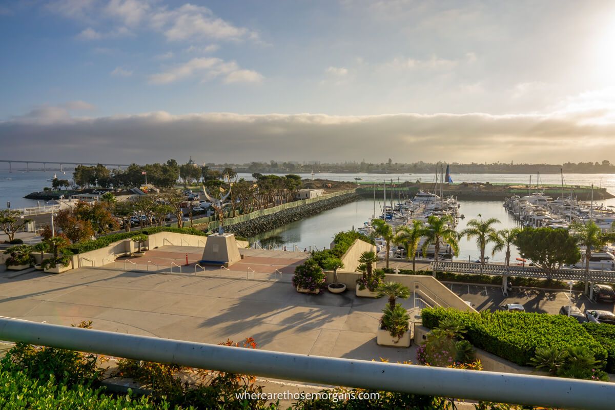 Aerial view of sail boats docked along the Embarcadero in San Diego