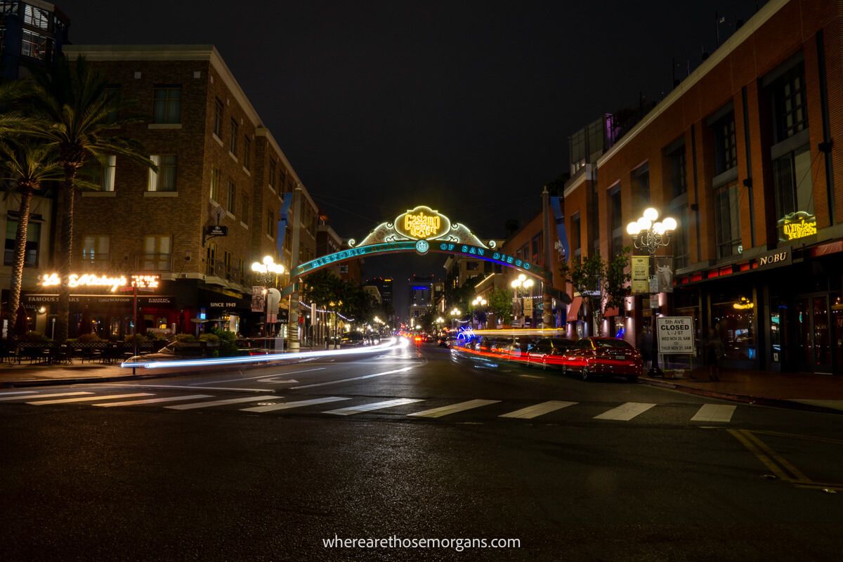 Night shot of cars driving through the Gaslamp Quarter in southern California