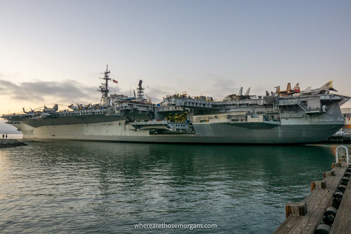 Side view of the USS Midway Museum docking in the harbor