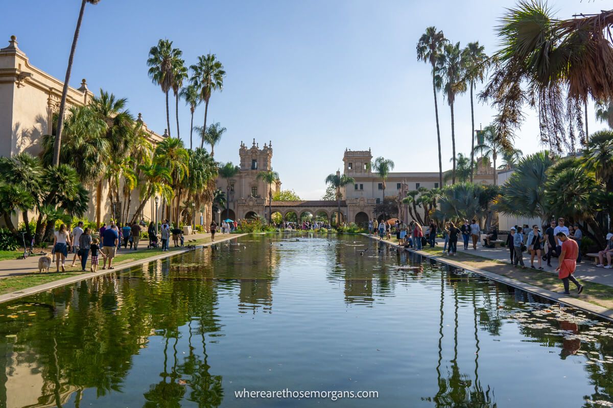 Numerous visitors walking around Balboa Park in the beautiful sunshine