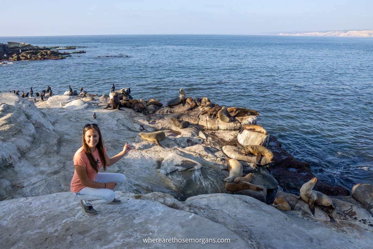 Woman pointing to the sea lions and seals in San Diego, California