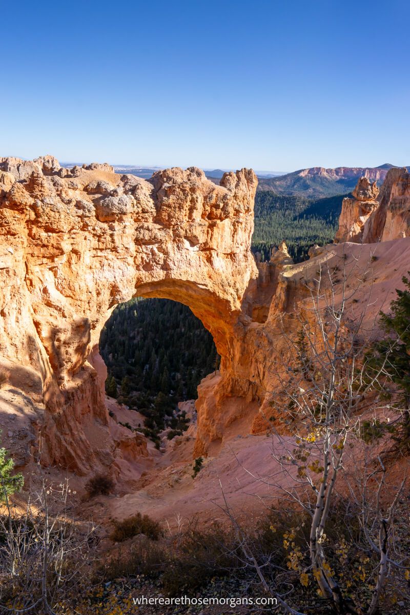 Sandstone bridge over a natural arch on a clear day in late afternoon