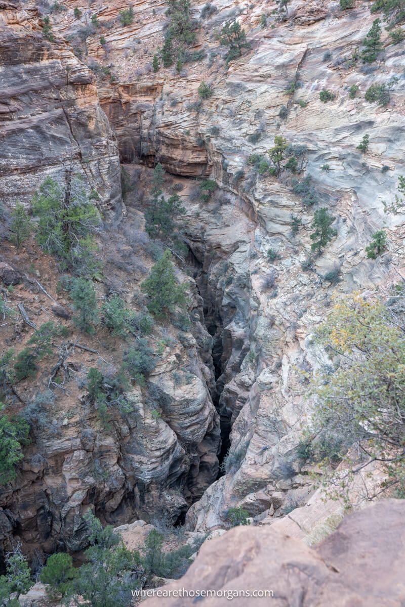 Looking down into a deep canyon with an even deeper narrow canyon in shadow curving through rocks