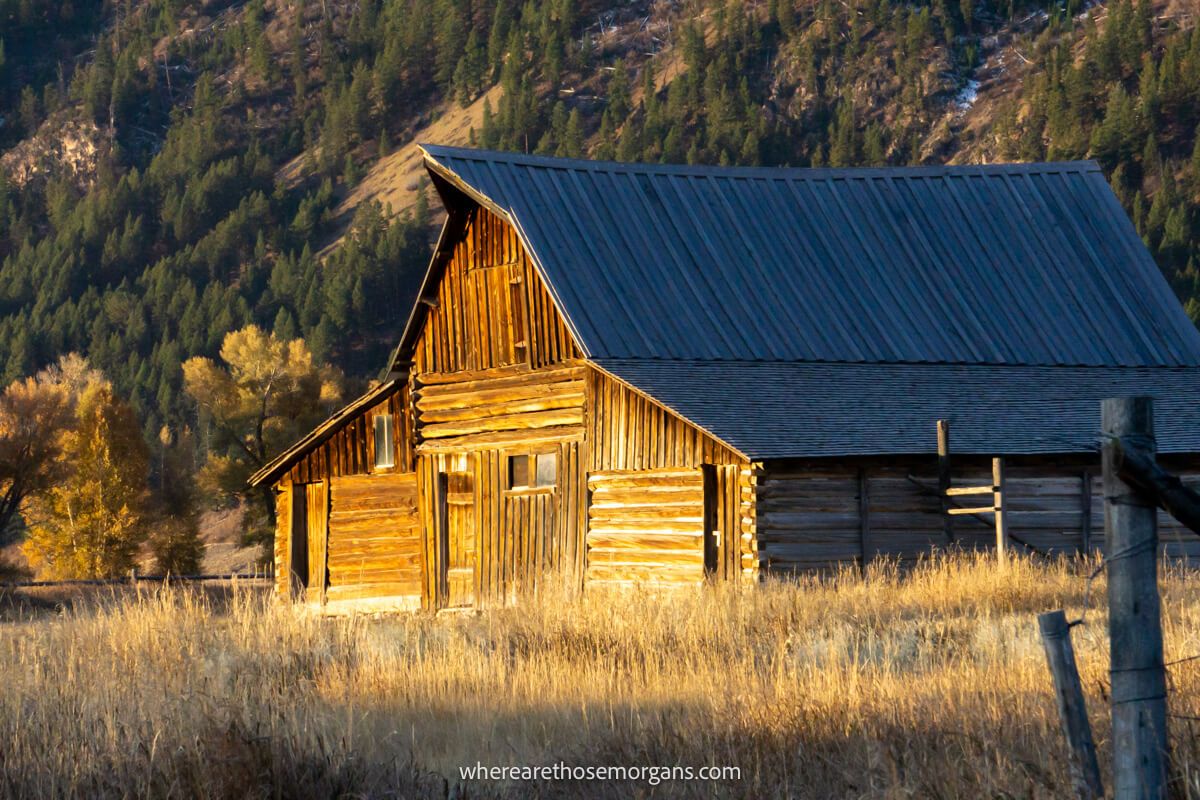 Photo of a wooden barn in a meadow being lit up by sunlight with a steep hill in the background