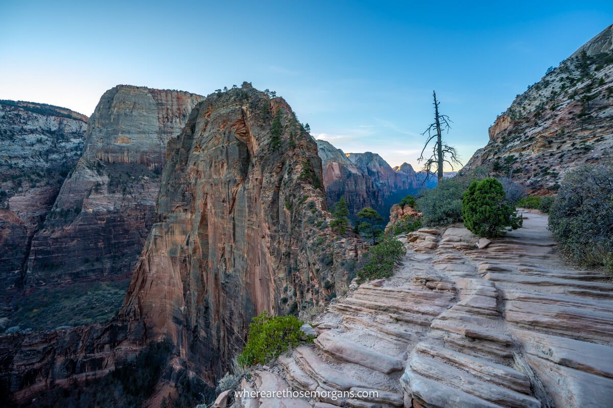 Photo of a narrow rocky hiking trail with long drops to either side high up above a canyon with lots of tall red rock cliffs at dawn