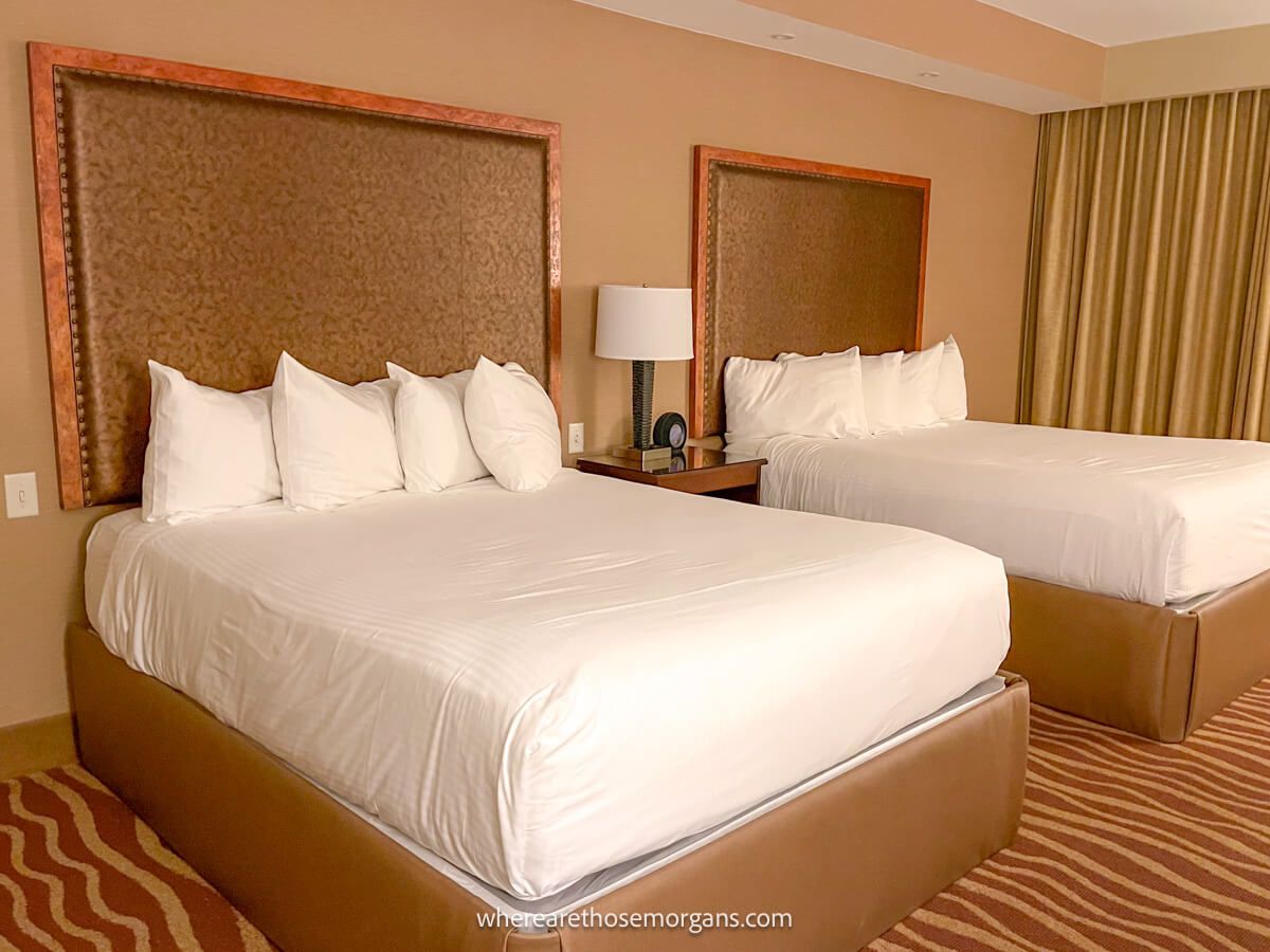 Photo of the inside of a hotel room with two double beds made up with white sheets