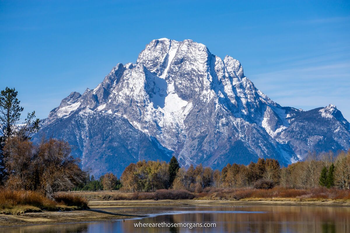 Tall snow capped mountain behind a river and trees on a clear day at a viewpoint called Oxbow Bend in Wyoming