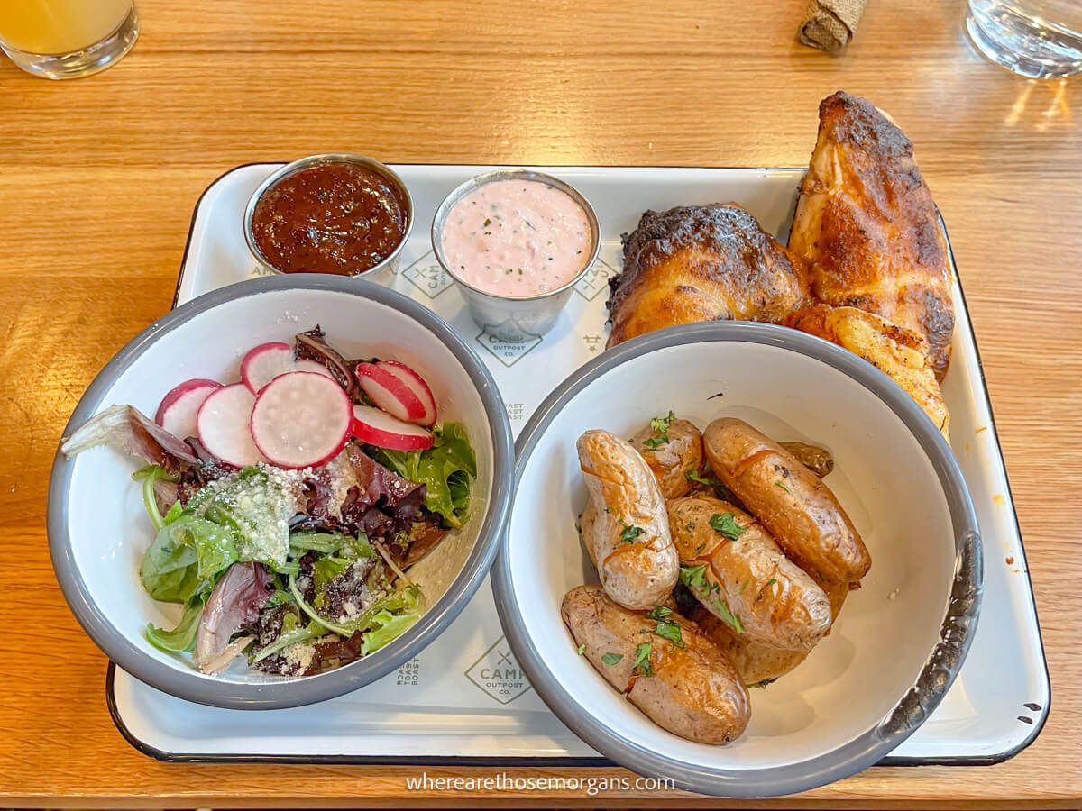 Eating out at Camp Outpost in Springdale Utah chicken potatoes and salad