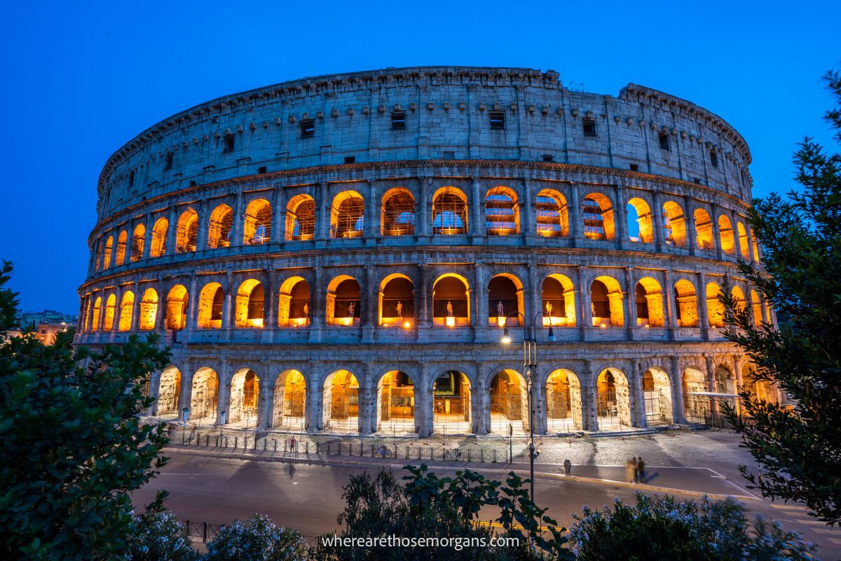 The Colosseum lit up at night in Rome, Italy